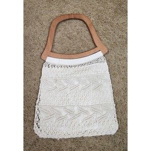 Vintage Macrame Crochet Hand Bag with Wooden Handle Cream Beachy Boho Lined